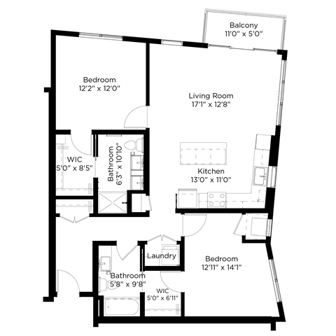 Floor plan for 2 beds, 2 baths, 1145 sqft